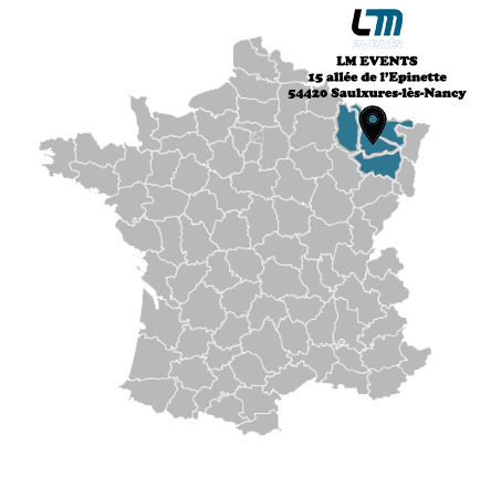 Carte de France avec l'emplacement de LM Events situé dans le 54 ainsi que la zone d'intervention de LM Events situé dans le Grand Est